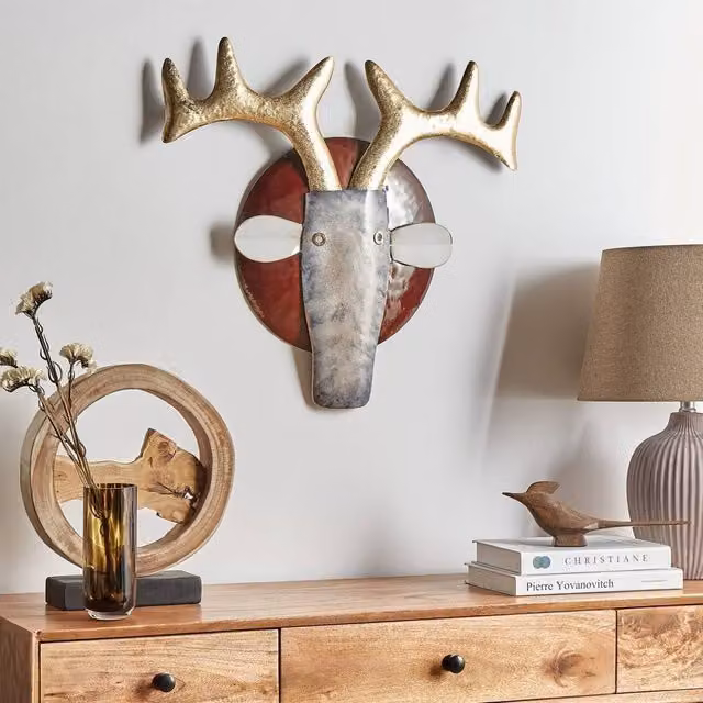 Wyld and Coco Round Metal Animal Wall Art in Multicolour, Gold and Red Rustic Geometric Decor