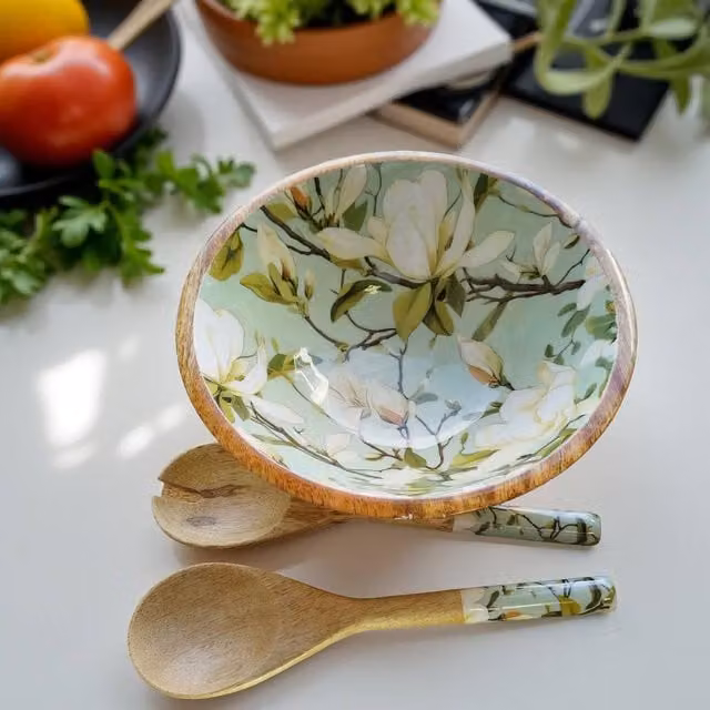 Hartsmede Snowbell Large Green Floral Serving Bowl with Lid and Spoons, 3L