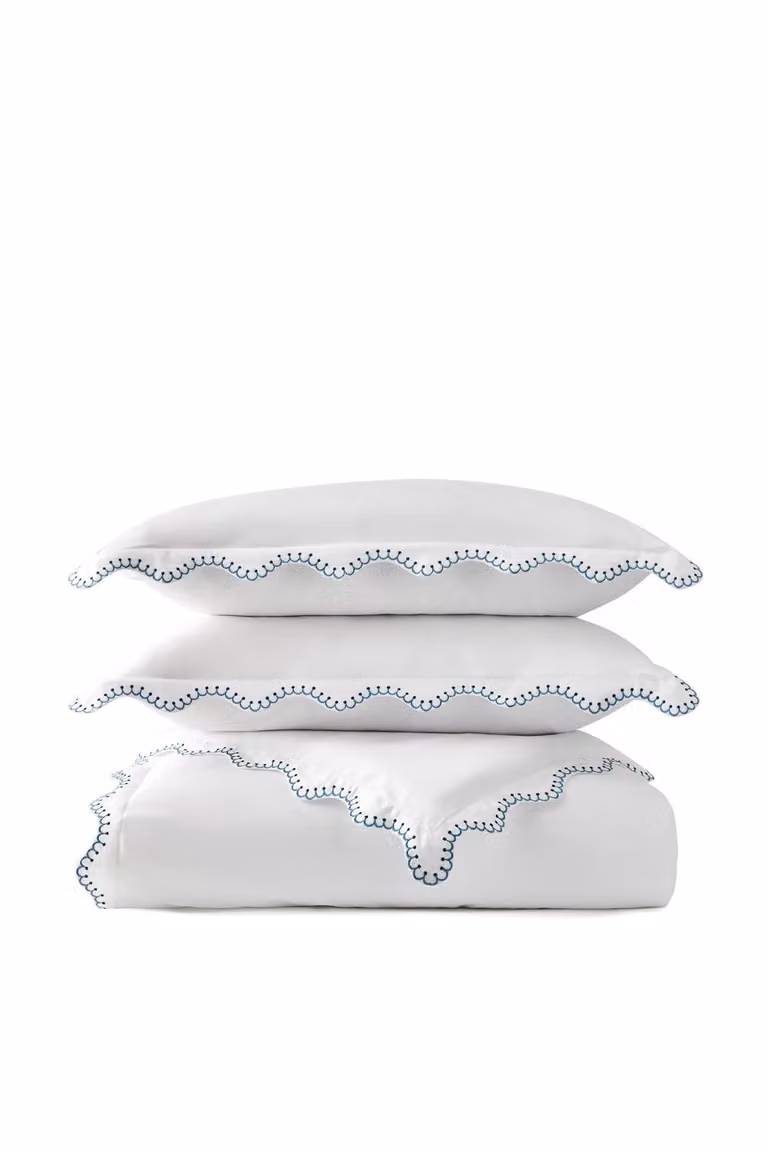 Christy Lucerne Scallop Luxury Cotton Mako Satin Duvet Cover and Pillowcase Set in Blue, W: 180 cm, H: 200 cm