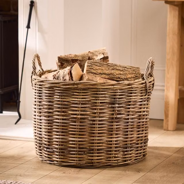 Dibor Traditional Round Large Grey Rattan Log Basket with Handles H: 40 cm, L: 57 cm, W: 40 cm