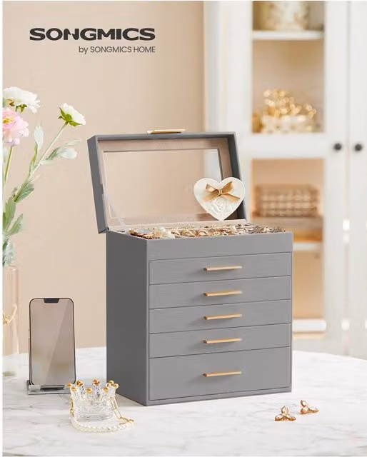 SONGMICS 6-Tier Jewellery Box with Glass Lid, Grey