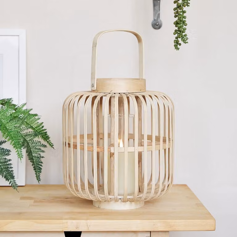 Lights4fun Brown Wooden Maritime Tabletop Lantern with Pillar Candle