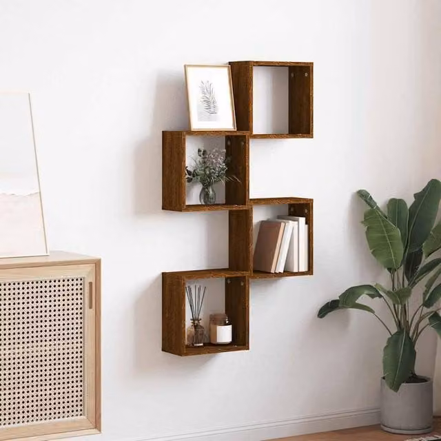 Berkfield Home Wall Mounted Cube Shelves, 4 Piece Set, Brown Oak, W/D/H: 30 x 15 x 30 cm