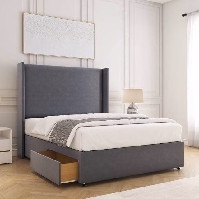 BSSPOKE Austin Small Double Divan Bed Set with 2 Drawers, 54 inch Headboard and Mattress in Charcoal Grey Plush Velvet