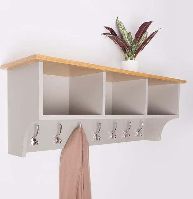 Charnwood Grey Floating Wall-Mounted Storage Shelf with Three Cubbies and Metal Hooks