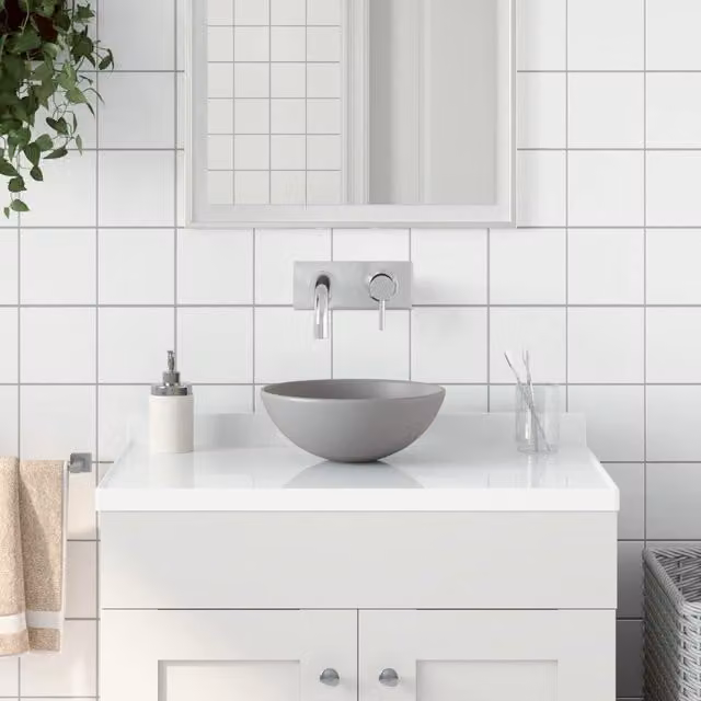 Berkfield Home Round Ceramic Countertop Bathroom Sink in Grey, W/D/H: 28 x 28 x 10 cm