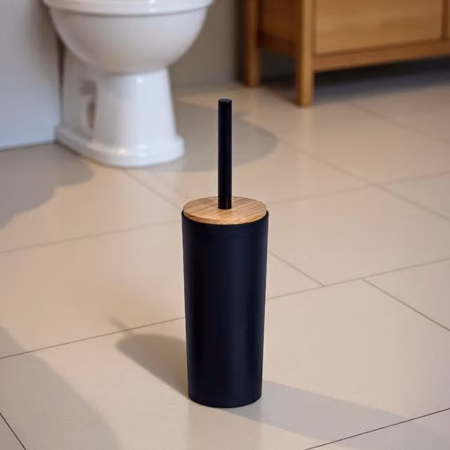 Showerdrape Sonata Black and Bamboo Freestanding Toilet Brush and Holder