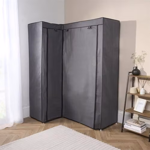OHS Grey Fabric Corner Wardrobe with Internal Shelves and Hanging Rod