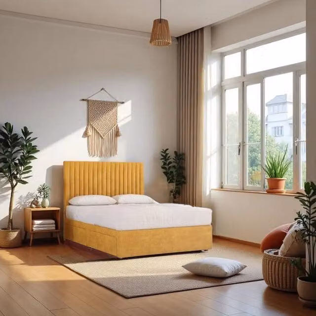 Knight Sleep Emily Plush Velvet Divan Bed Set with Princess Mattress and Headboard in Mustard, W/D/H: 90 x 190 cm