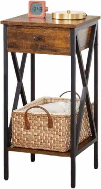 Modcraft Industrial Bedside Nightstand with Steel and Wood Frame, Brown, W/D/H: 40 x 35 x 70 cm