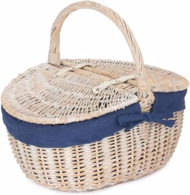 Red Hamper Oval Wicker Picnic Basket with White Wash Finish and Navy Lining