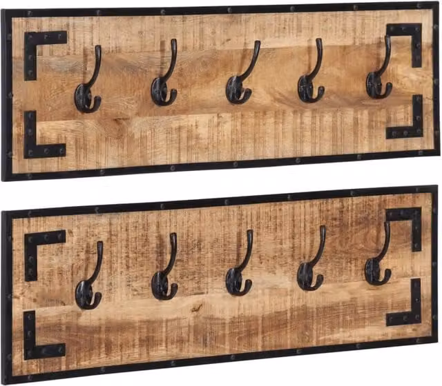 Berkfield Home Set of 2 Mango Wood Coat Racks in Brown, W/D/H: 80 x 8 x 25 cm