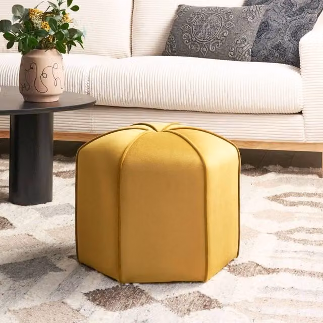 Wyld and Coco Yellow Velvet Cylindrical Pouffe, Diameter: 45 cm, Height: 40 cm