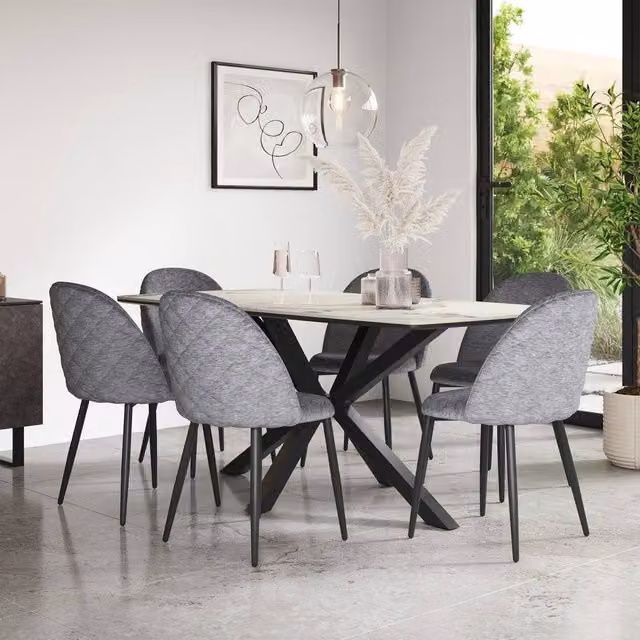 More4Homes Juno Calcutta Gold Ceramic Rectangular Dining Table and 8 Raye Grey Velvet Chairs
