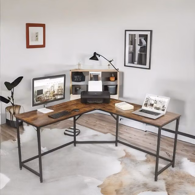 FURNOS Industrial Rustic L-Shaped Corner Computer Desk in Brown