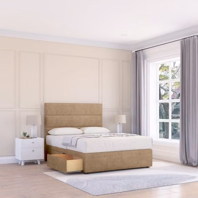 Sloomy Texas Naples Upholstered Bed Set with Mattress and 26 inch Headboard in Light Brown, Double Size