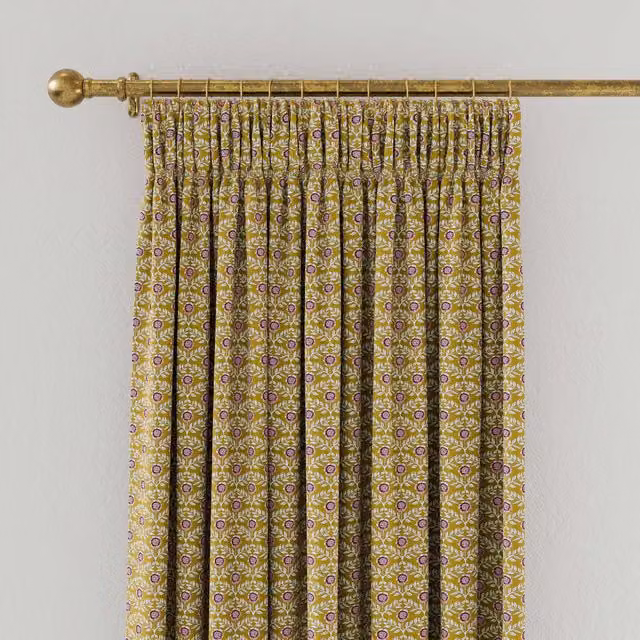 Joules Floral Foulard Lined Cotton Curtains, Ochre, W: 228.6 cm, H: 182.88 cm