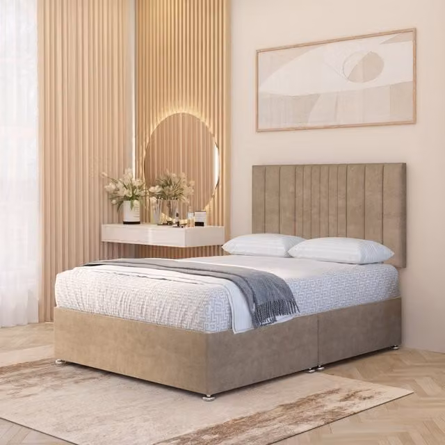Somnior Beds Ltd Arizona Plush Velvet Orthopaedic Divan Bed Set with Hybrid Mattress and 32 inch Headboard, Beige, W/D/H: 120 x 200 cm