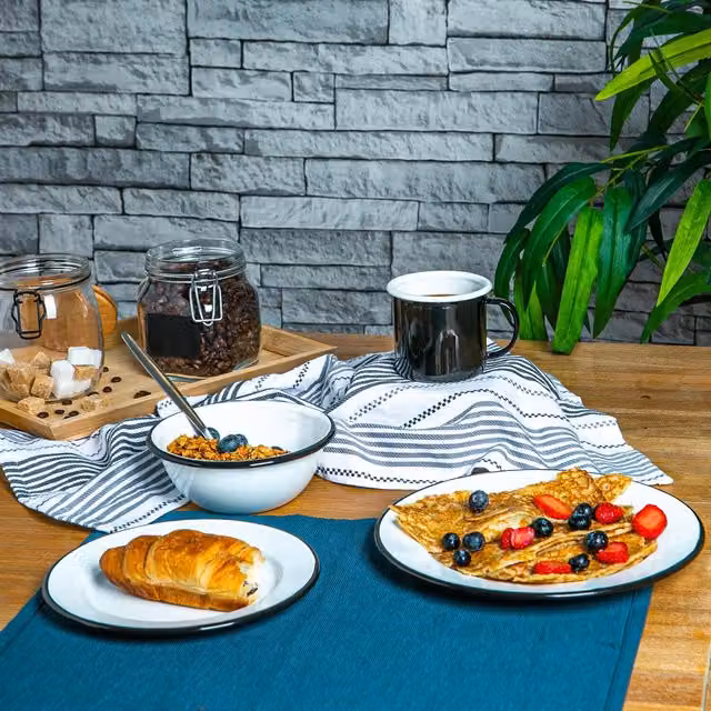 Argon Tableware 16 Piece White and Black Enamel Steel Dinner Set