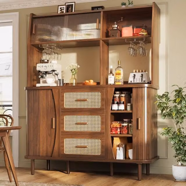 BTM Mid-Century Tall Kitchen Storage Unit with Glass Sliding Doors in Brown, W/D/H: 140 x 40.5 x 174.5 cm