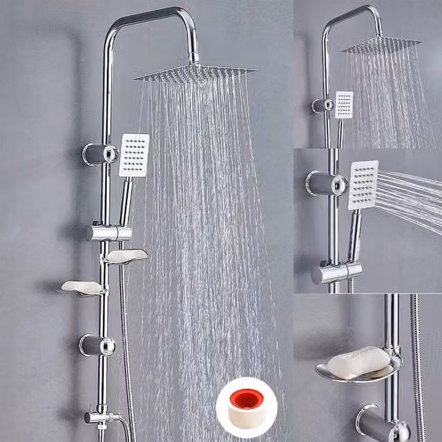 Ventryn Large Square Chrome Shower Set with Twin Head Waterfall Riser and Diverter in Silver