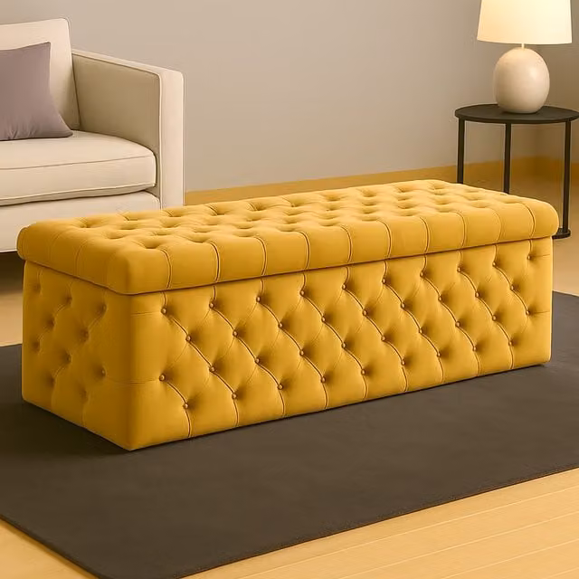 R&M Furnishers Wide Lux Chesterfield Ottoman Storage Box in Emerald Green and Mustard Gold Velvet