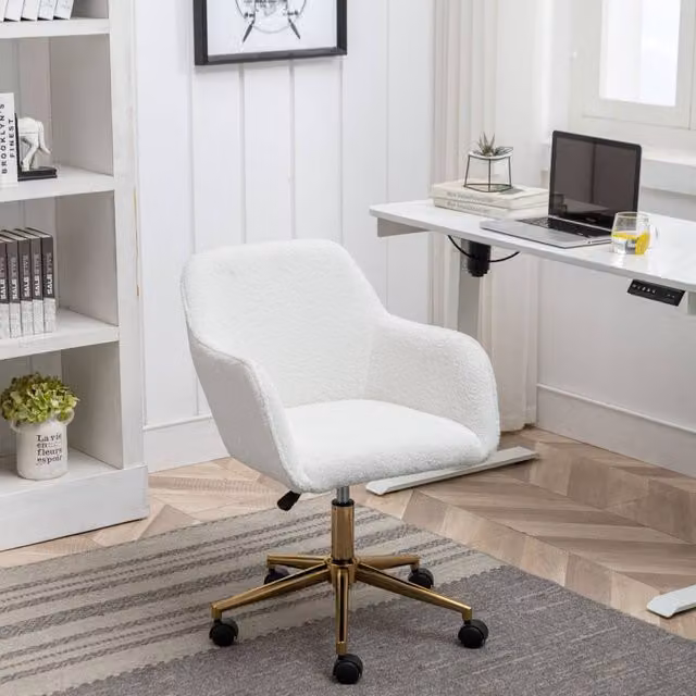 Direct Wicker White Bouclé Teddy Fabric Modern Swivel Home Office Task Chair with Gold Accents