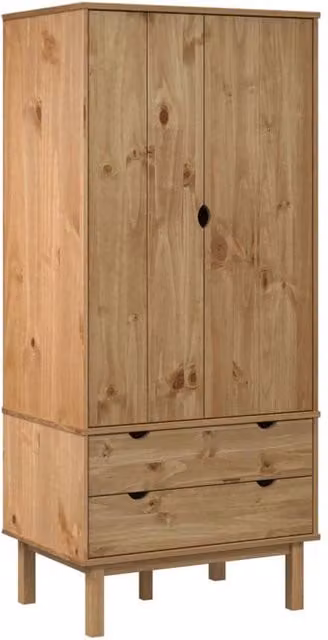 Berkfield Home OTTA Wardrobe in Brown Solid Pine with Integrated Drawers and Shelves, W/D/H: 76.5 x 53 x 172 cm