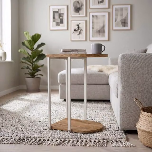 Decortie Roya Half-Round Side Table with Metal and MDF Frame in Brown, H 56.0 x W 32.0 x D 41.5 cm