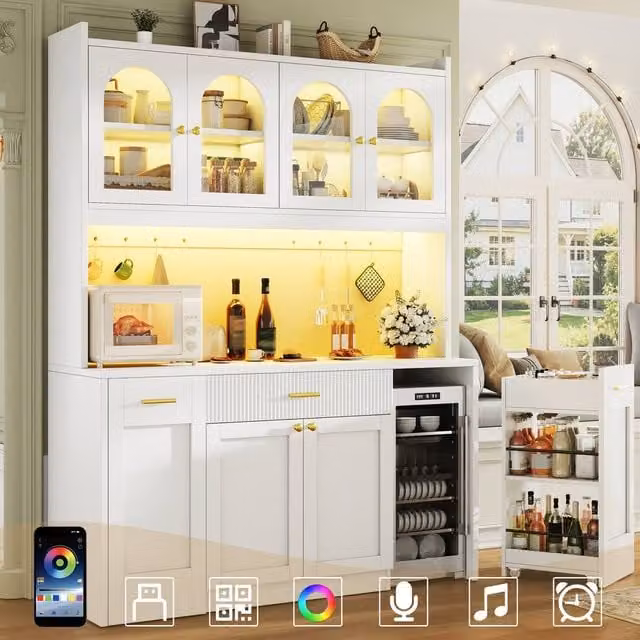 Merax White Arched Kitchen Dresser with Integrated LED Lighting and Glass Doors, W/D/H: 120 x 40 x 187 cm