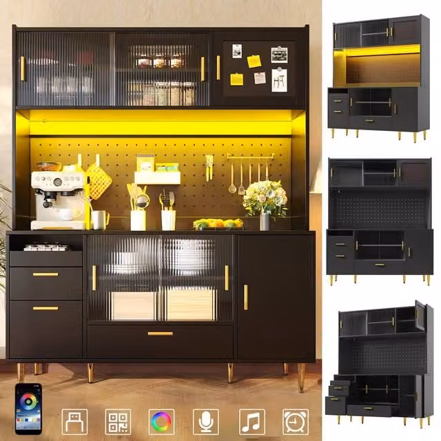 ModernLuxe Black Matt Kitchen Tall Unit with Glass Doors, Drawers and Integrated Lighting, H 180 x W 40 x D 40 cm