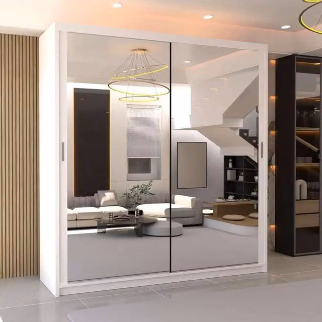 MN Furniture White Double Mirror Sliding Door Wardrobe W: 90 cm, H: 200 cm