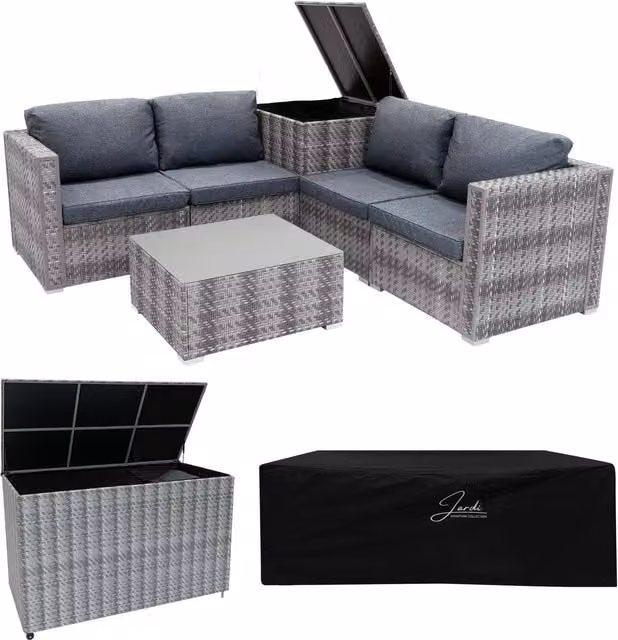 Jardi Grey Polyrattan Modular L-Shape Garden Furniture Set with 996L Storage Box and Cushions