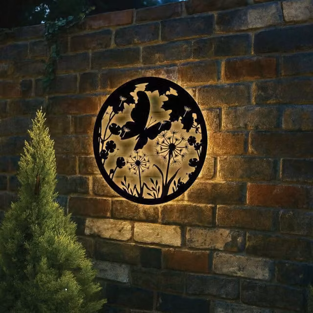 Betley Butterfly Solar LED Silhouette Wall Art in Black Metal for Garden and Terrace