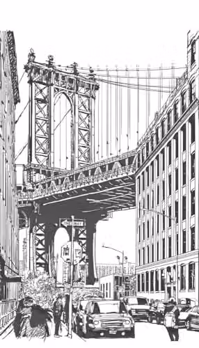 Grandeco Brooklyn Bridge 3 Lane Textured Vinyl Mural in Black and White, W: 280 cm, H: 159 cm