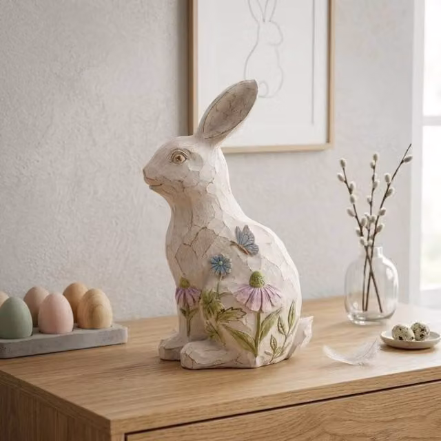 Garden Greatness Rustic Distressed Floral Bunny Wood Tabletop Decoration in White and Multicolour