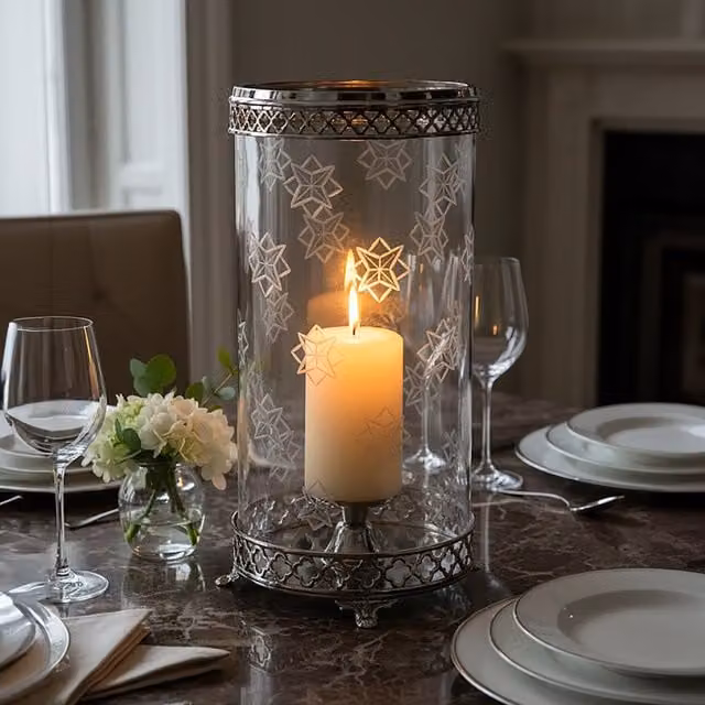 Orsina Moroccan Geometric Round Glass and Metal Tabletop Pillar Candle Holder in Silver