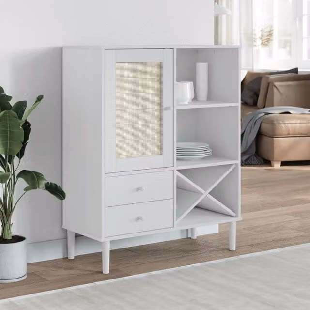 Berkfield Home Senja Highboard in White Rattan Look Solid Wood Pine, W/D/H: 90 x 40 x 112 cm