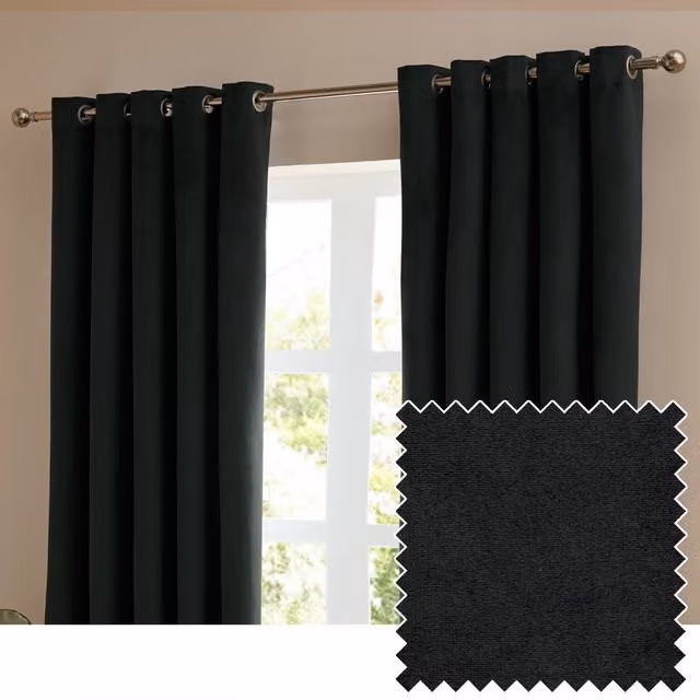 Make It A Home Set of 2 Black Velvet Room Darkening Eyelet Curtains, W: 183 cm, H: 168 cm