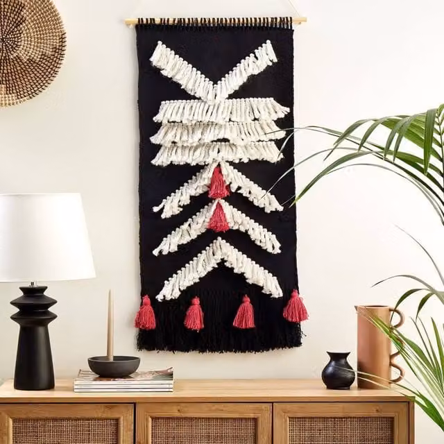 Wyld and Coco Handwoven Geometric Black and White Tassel Textile Wall Hanging