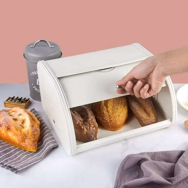 EONLION Large Roll Top Bread Box Storage Bin in White and Beige, Width: 100 cm