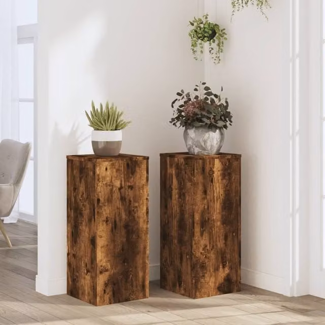 Berkfield Home Set of 2 Smoked Oak Plant Stands in Brown, W/D/H: 30 x 30 x 70 cm