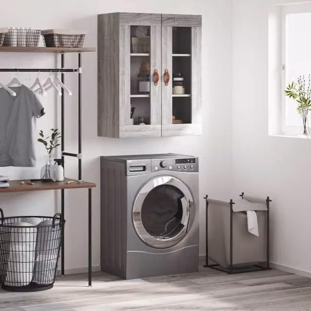 Berkfield Home Wall Mounted Cabinet in Grey Sonoma with Glass Doors, W: 69.5 cm, D: 34 cm, H: 90 cm