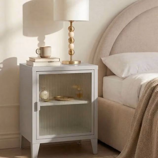 Wyld and Coco Light Grey Metal Storage Cabinet with Glass Doors