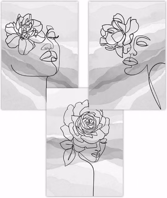 ARTZE Set of 3 Boho Abstract Female Line Art Floral Face Paper Posters in Grey, W: 50 cm x H: 70 cm
