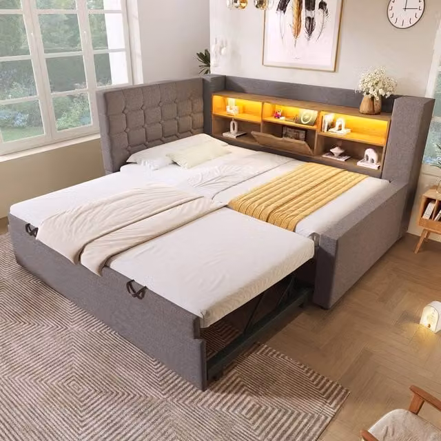 Rolipo Grey Linen Daybed with Trundle, Storage, USB Charging Port and Under-bed Lighting, 3FT Single Sofa Bed, W: 90 cm, D: 190 cm