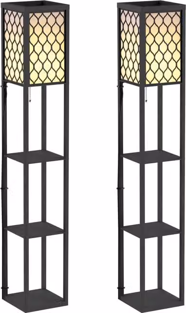 HOMCOM Set of 2 Modern Black Three-Shelf Floor Lamps with Wood and Metal Design