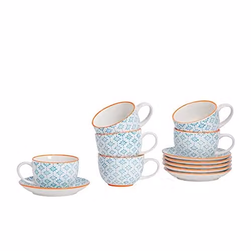 Nicola Spring Blue Floral Hand-Printed Stoneware Cappuccino Cup and Saucer Set, 250ml, Pack of 24