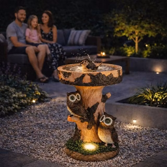 Gardenwize Solar Owl Garden Bird Bath with LED Light in Brown