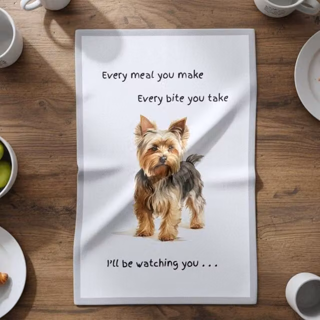 Animal Crackers Yorkshire Terrier Funny Dog Tea Towel, White and Grey Cotton, 66 cm